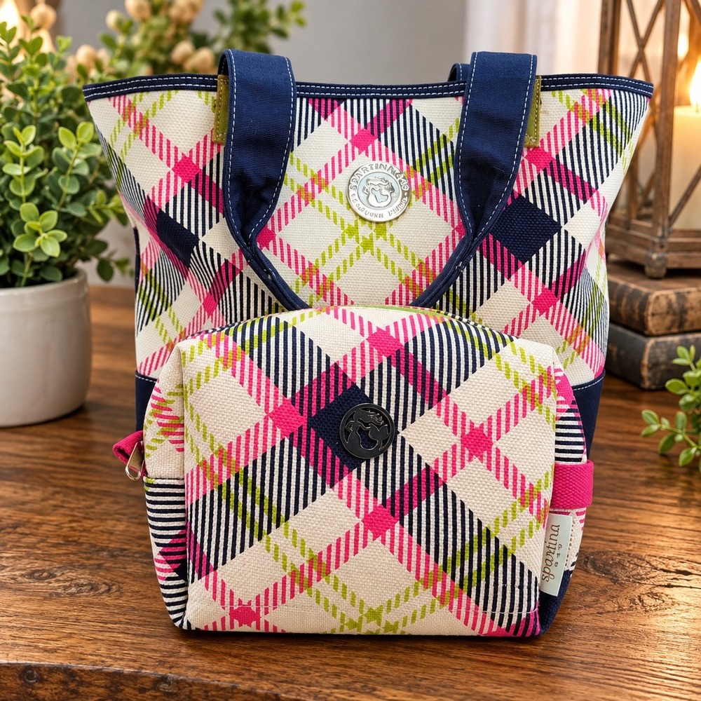 Spartina 449 Daufuskie Island Plaid Canvas Tote Bag and Cosmetic Pouch Set Lrg